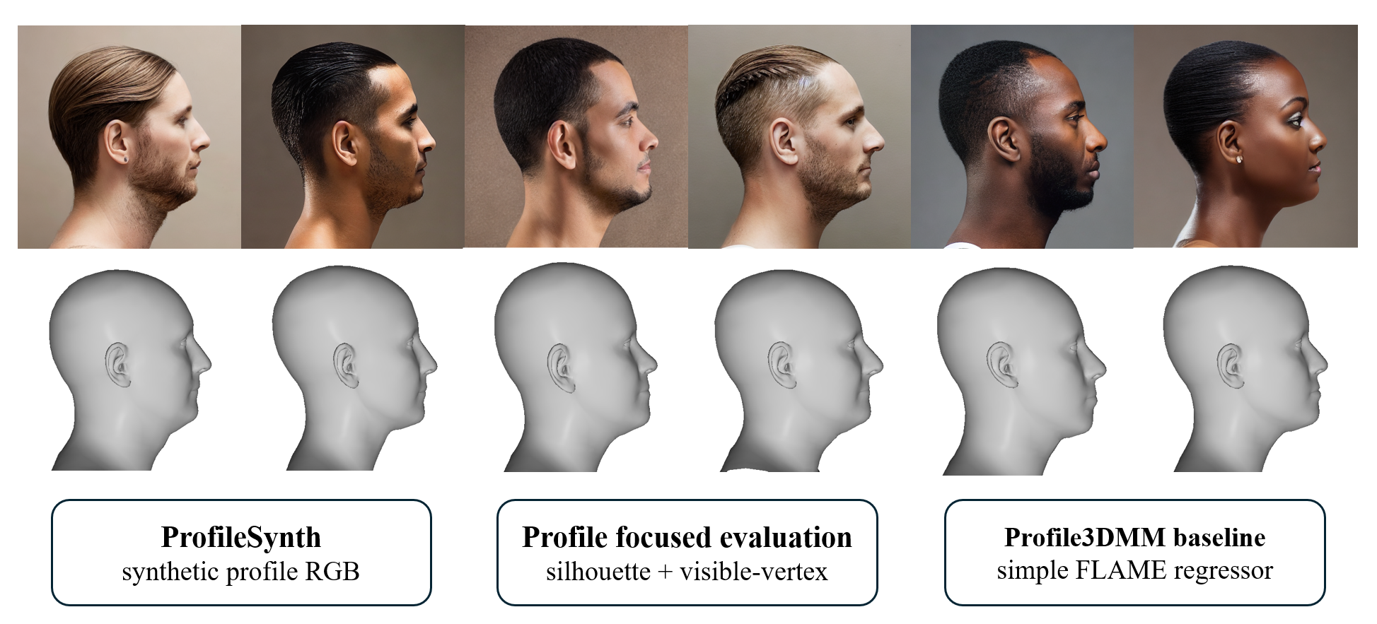 Teaser: ProfileSynth profile RGB inputs, profile-focused evaluation, and Profile3DMM baseline reconstructions.